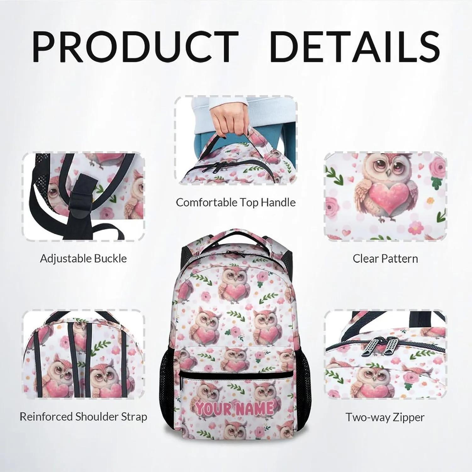 Mercuryelf Kid Backpack for Girls - 17 Inch Custom White Lightweight Durable Kid Backpack - Large Capacity Owl Bookbag for School, Travel and Camp