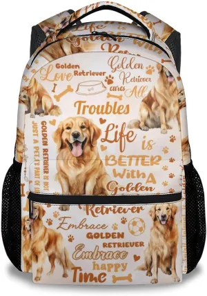 Mercuryelf Kids Backpack - Golden Retriever Kid Backpack for School, Travel - Cute Dog Bookbag for Boys Girls - 17 Inch School Bag for Primary Middle