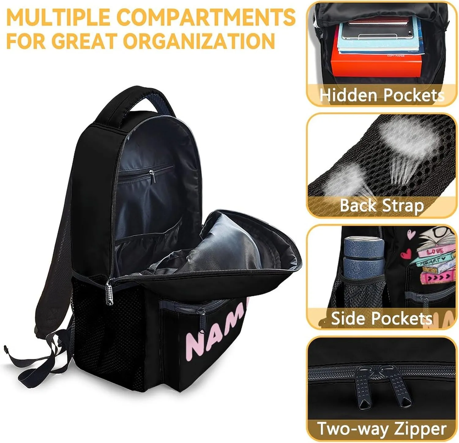 Mercuryelf Personalized Book Girls Boys Backpack with Lunch Box Set, 3 in 1 School Backpacks Matching Combo, Cartoon Black Bookbag and Pencil Case Bundle