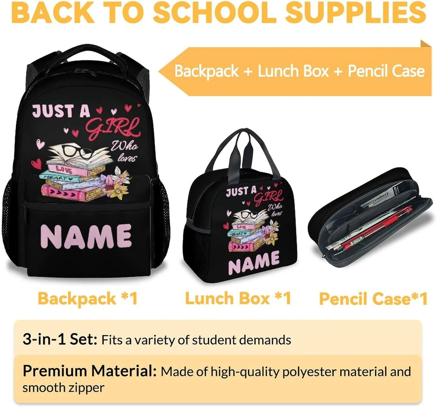 Mercuryelf Personalized Book Girls Boys Backpack with Lunch Box Set, 3 in 1 School Backpacks Matching Combo, Cartoon Black Bookbag and Pencil Case Bundle