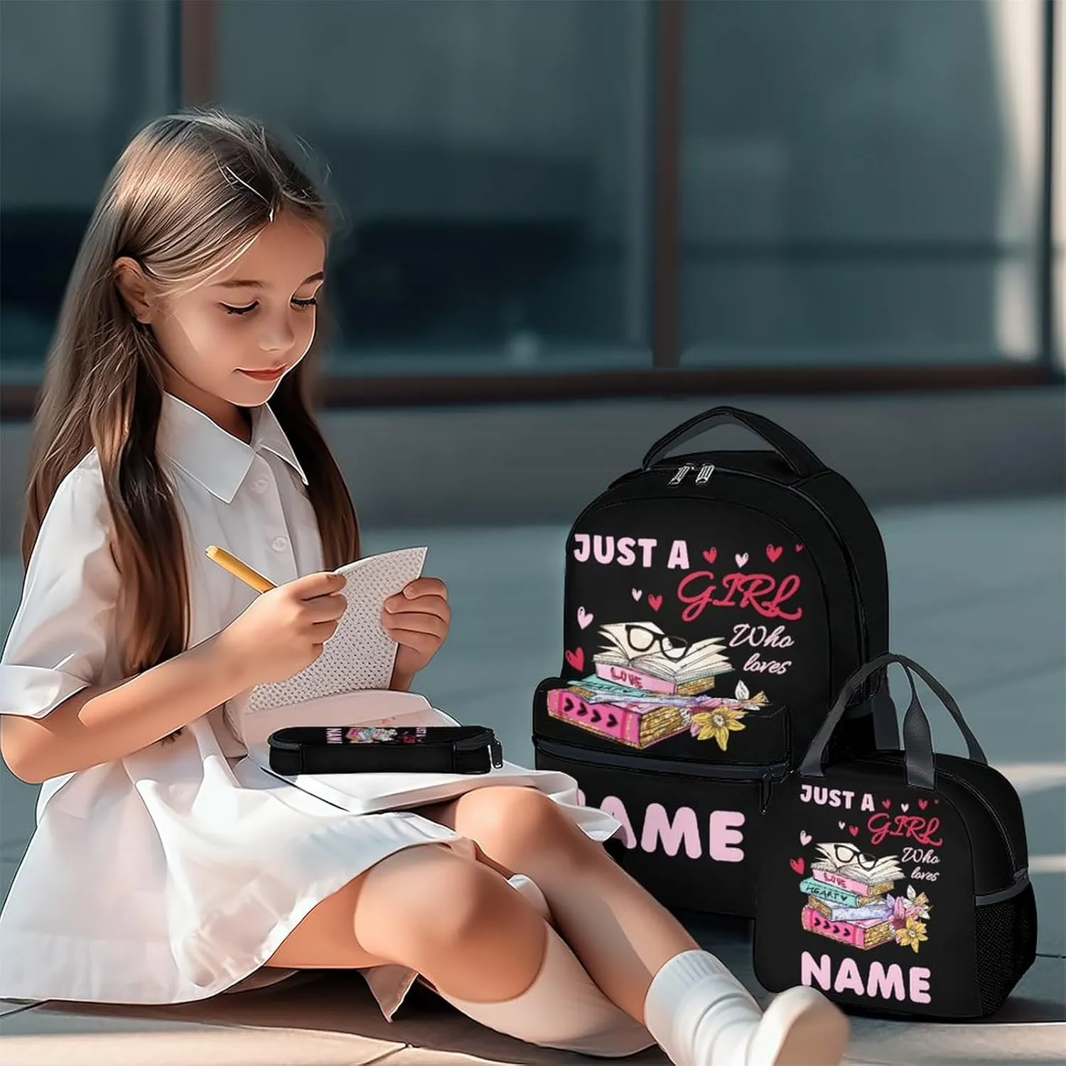 Mercuryelf Personalized Book Girls Boys Backpack with Lunch Box Set, 3 in 1 School Backpacks Matching Combo, Cartoon Black Bookbag and Pencil Case Bundle