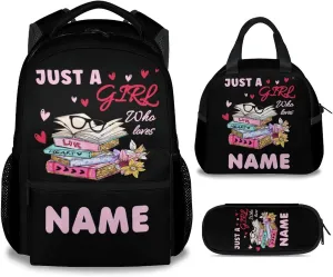 Mercuryelf Personalized Book Girls Boys Backpack with Lunch Box Set, 3 in 1 School Backpacks Matching Combo, Cartoon Black Bookbag and Pencil Case Bundle