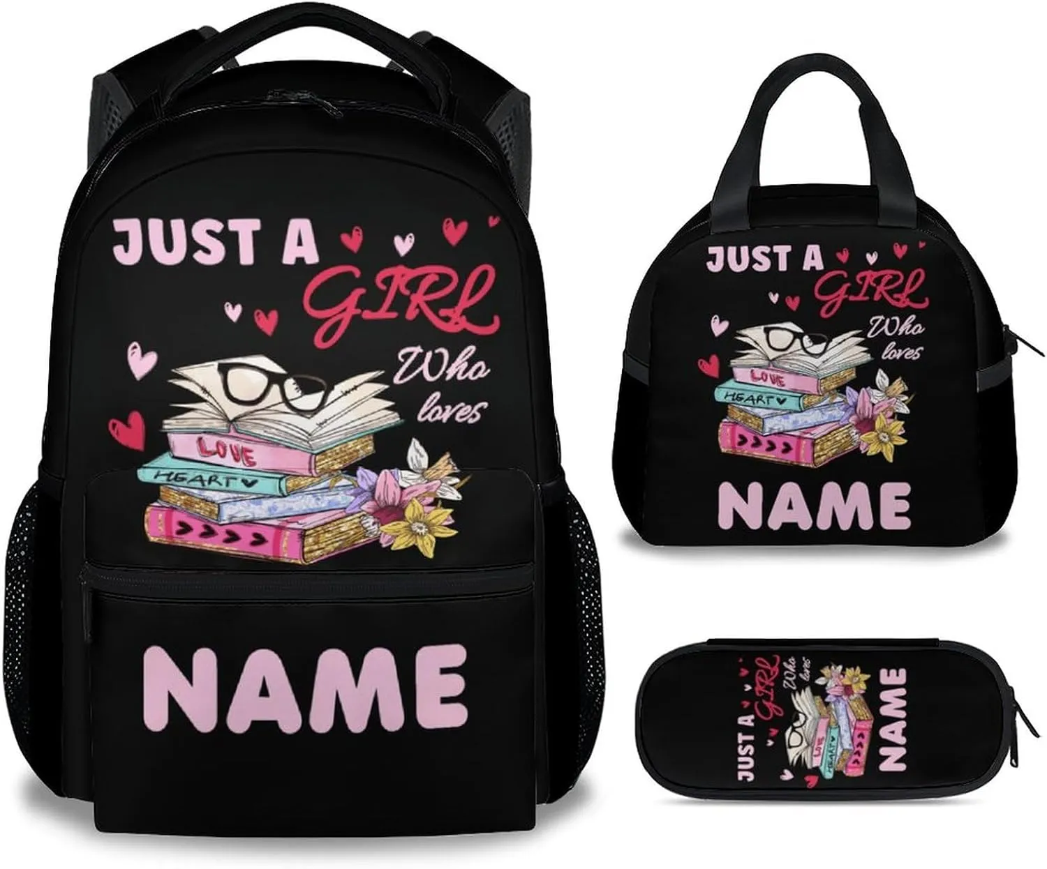 Mercuryelf Personalized Book Girls Boys Backpack with Lunch Box Set, 3 in 1 School Backpacks Matching Combo, Cartoon Black Bookbag and Pencil Case Bundle