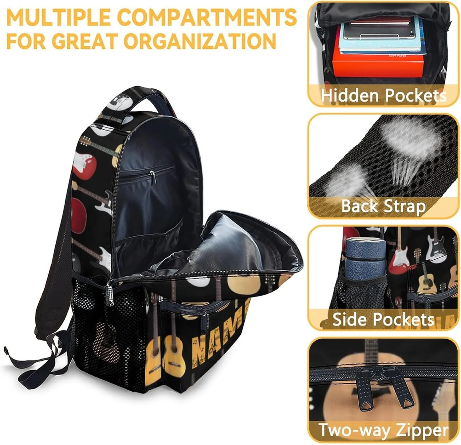 Mercuryelf Personalized Guitar Backpack for Girls & Boys, 16 Inch Black Backpacks for School, Popular Lightweight Bookbag for Kids