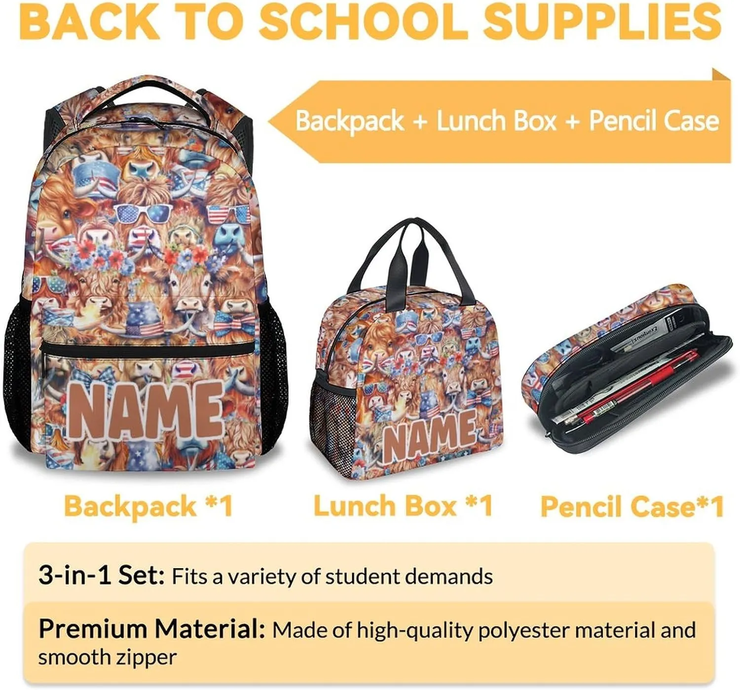 Mercuryelf Personalized Highland Cow Girls Boys Backpack with Lunch Box Set, 3 in 1 School Backpacks Matching Combo, Fashion Brown Bookbag and Pencil Case Bundle
