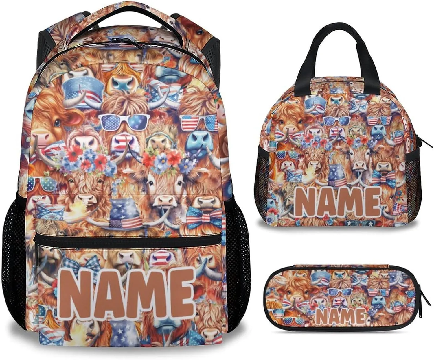 Mercuryelf Personalized Highland Cow Girls Boys Backpack with Lunch Box Set, 3 in 1 School Backpacks Matching Combo, Fashion Brown Bookbag and Pencil Case Bundle