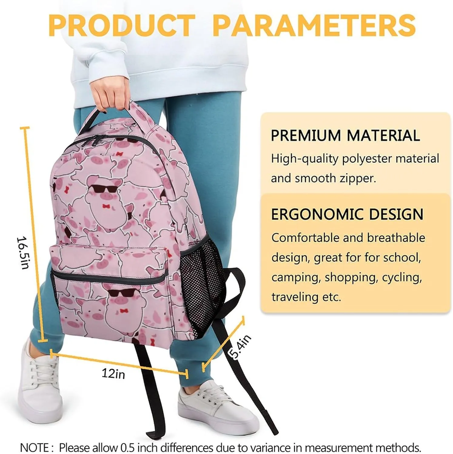 Mercuryelf Pig Backpack for Girls Boys, 16 Inch Pink Backpacks for School, Funny Iightweight Bookbag for Kids