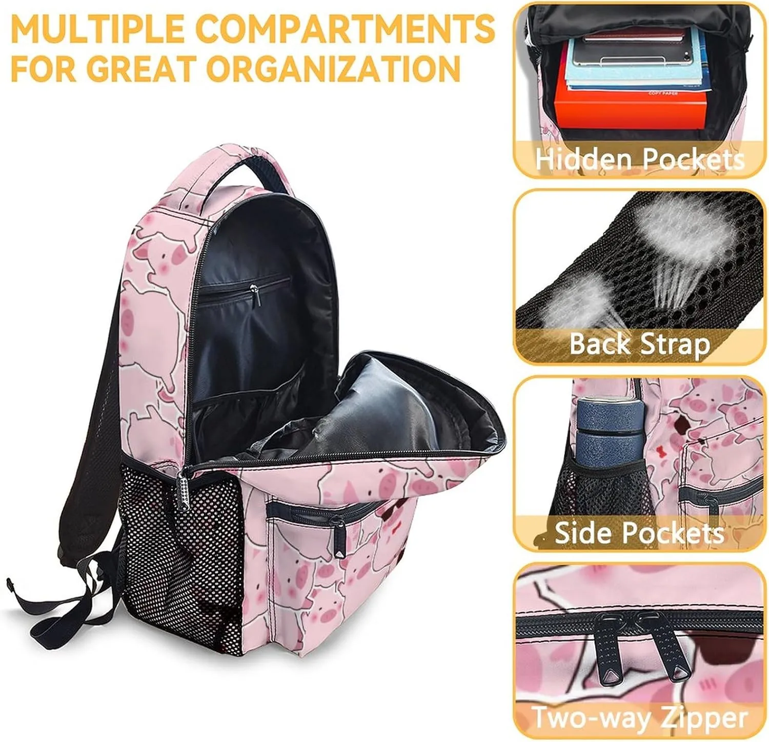 Mercuryelf Pig Backpack for Girls Boys, 16 Inch Pink Backpacks for School, Funny Iightweight Bookbag for Kids