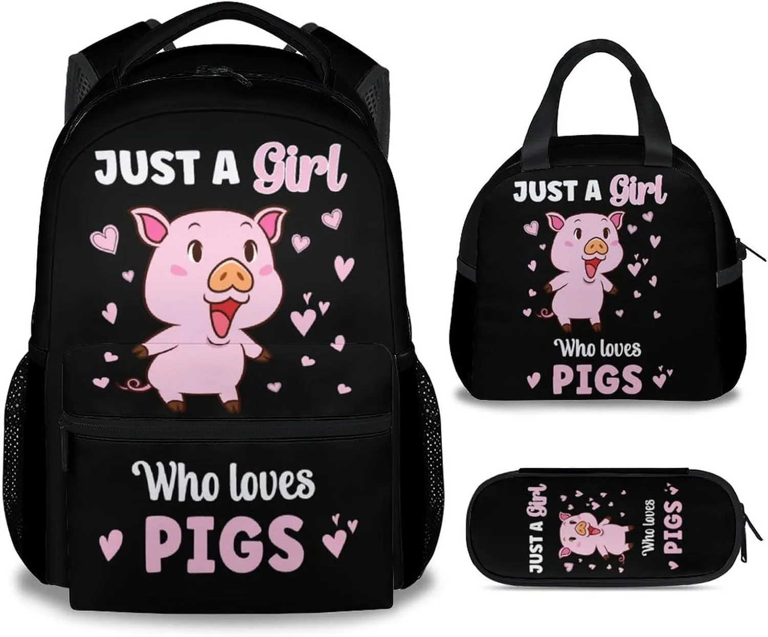 Mercuryelf Pig for Girls Backpack with Lunch Box Set, 3 in 1 School Backpacks Matching Combo, Cute Black Just a Girl Who Loves Pigs Bookbag and Pencil Case Bundle