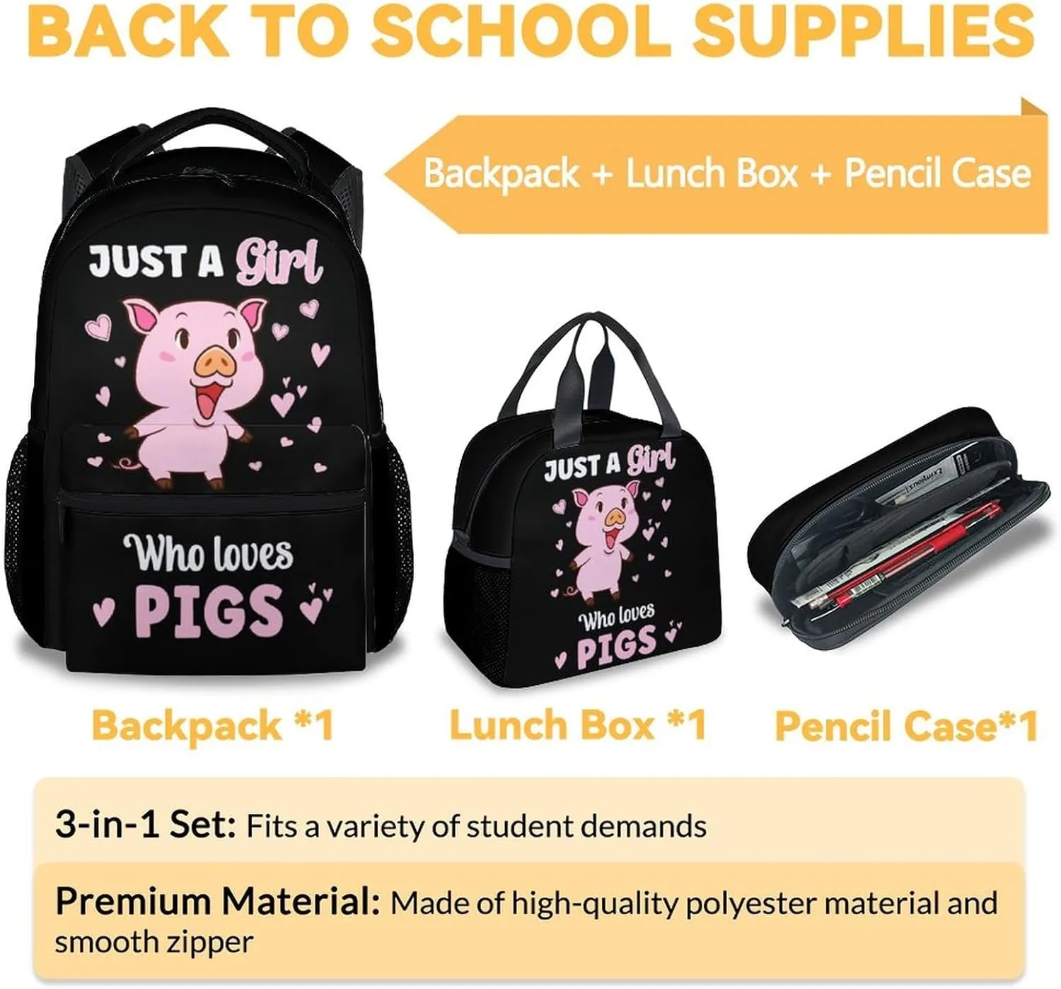 Mercuryelf Pig for Girls Backpack with Lunch Box Set, 3 in 1 School Backpacks Matching Combo, Cute Black Just a Girl Who Loves Pigs Bookbag and Pencil Case Bundle