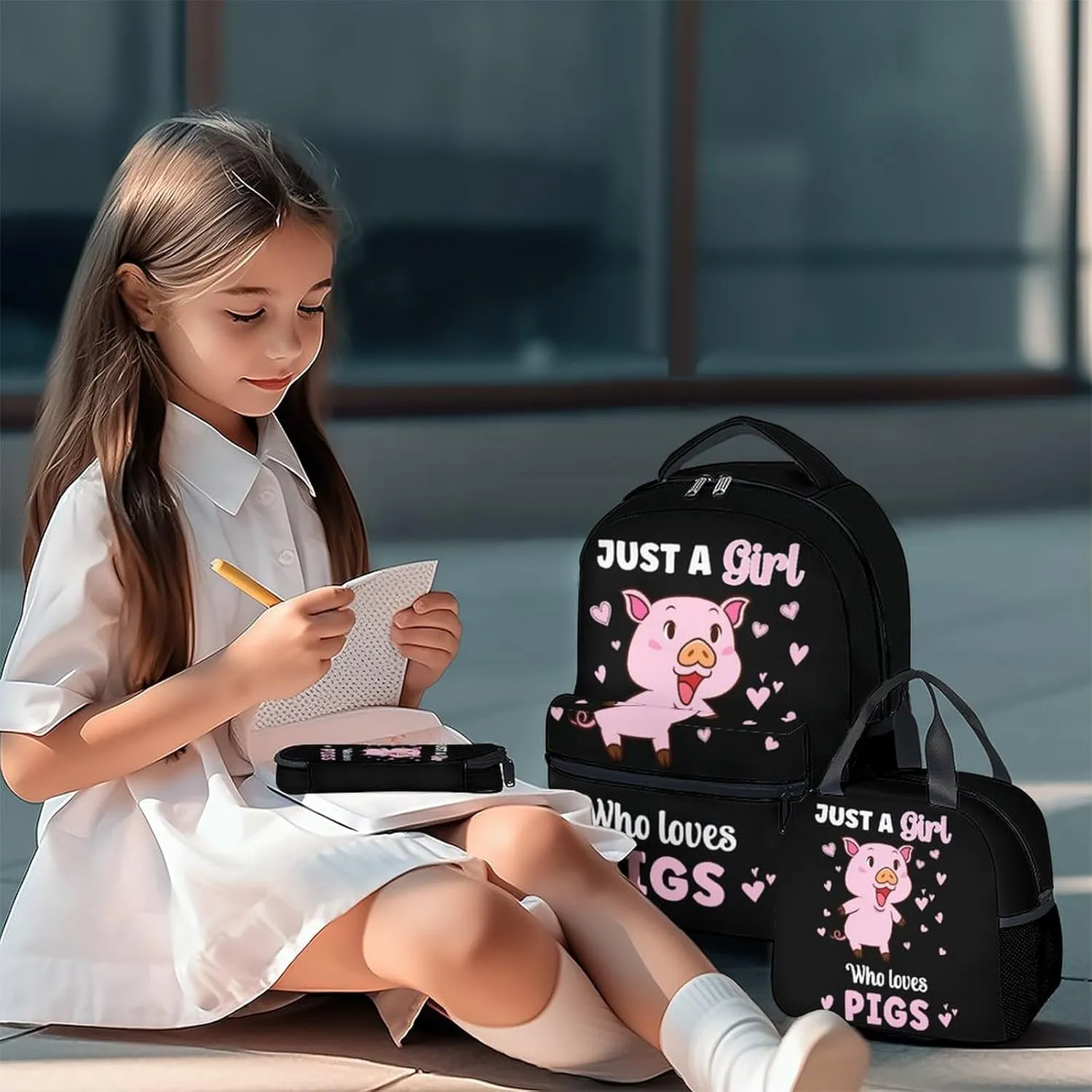 Mercuryelf Pig for Girls Backpack with Lunch Box Set, 3 in 1 School Backpacks Matching Combo, Cute Black Just a Girl Who Loves Pigs Bookbag and Pencil Case Bundle