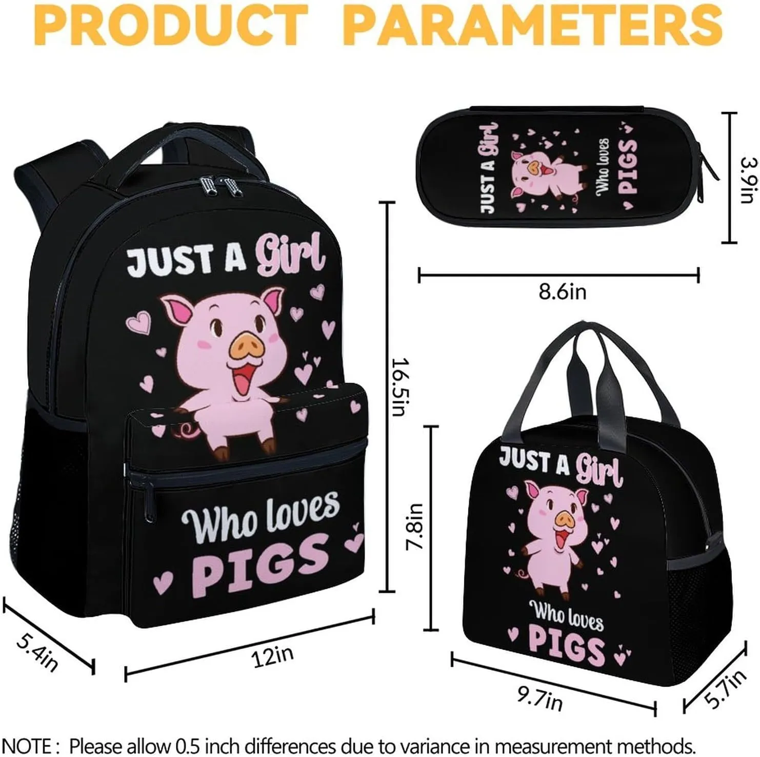 Mercuryelf Pig for Girls Backpack with Lunch Box Set, 3 in 1 School Backpacks Matching Combo, Cute Black Just a Girl Who Loves Pigs Bookbag and Pencil Case Bundle