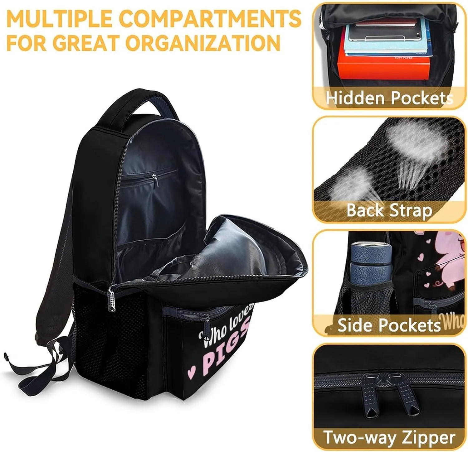Mercuryelf Pig for Girls Backpack with Lunch Box Set, 3 in 1 School Backpacks Matching Combo, Cute Black Just a Girl Who Loves Pigs Bookbag and Pencil Case Bundle