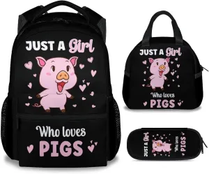 Mercuryelf Pig for Girls Backpack with Lunch Box Set, 3 in 1 School Backpacks Matching Combo, Cute Black Just a Girl Who Loves Pigs Bookbag and Pencil Case Bundle