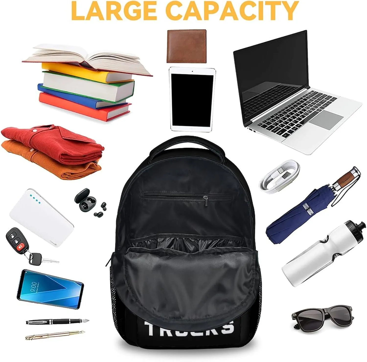 Mercuryelf School Backpack for Boys - 17 Inch Large Capacity Kid Backpack for School, Travel and Camp - Custom Black Lightweight Durable Garbage Truck Bookbag