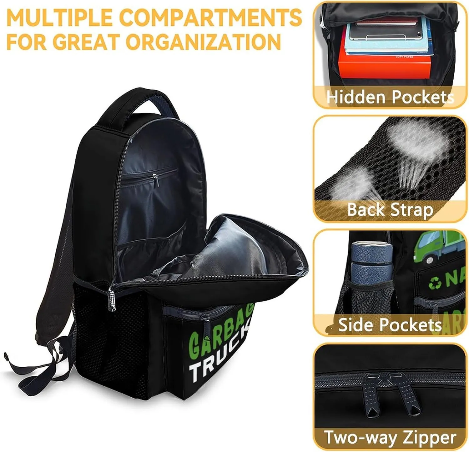 Mercuryelf School Backpack for Boys - 17 Inch Large Capacity Kid Backpack for School, Travel and Camp - Custom Black Lightweight Durable Garbage Truck Bookbag