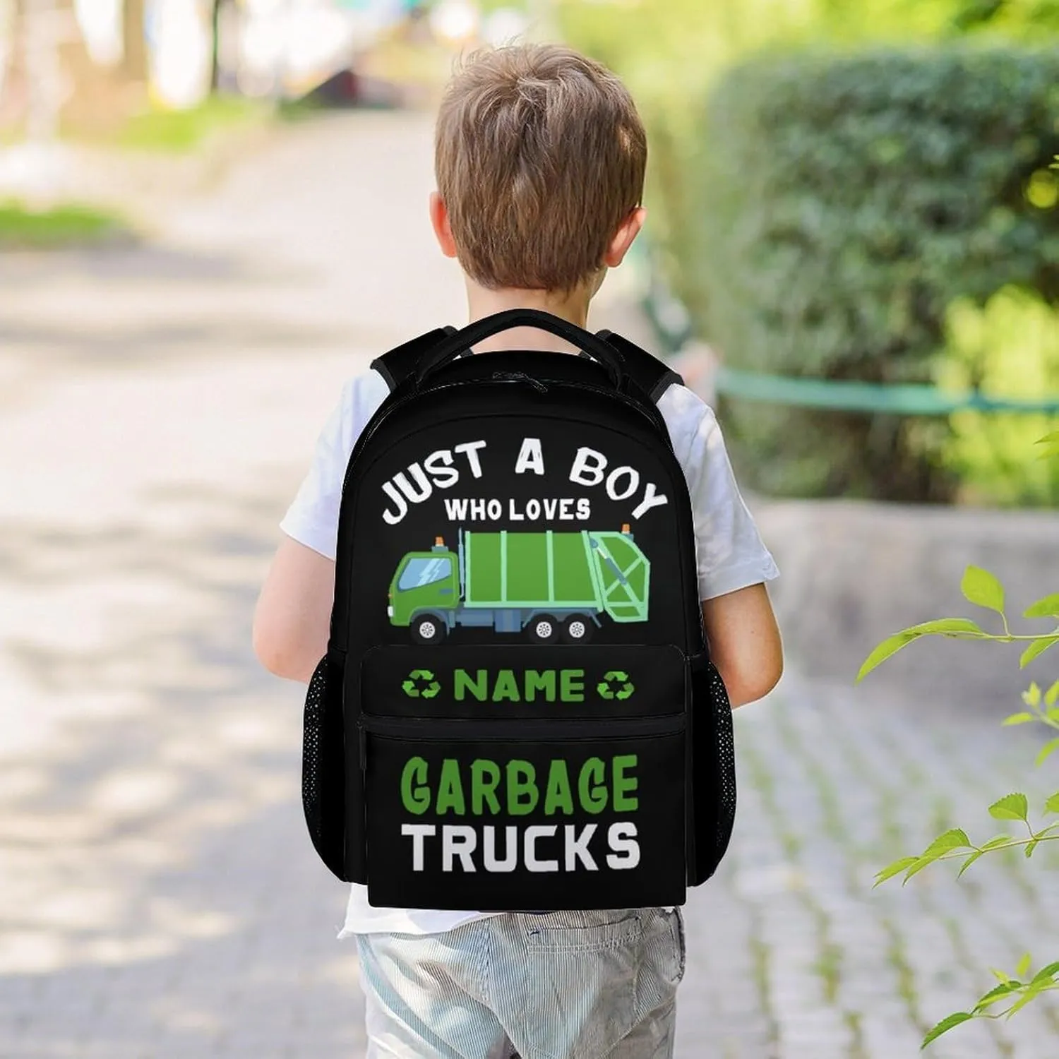 Mercuryelf School Backpack for Boys - 17 Inch Large Capacity Kid Backpack for School, Travel and Camp - Custom Black Lightweight Durable Garbage Truck Bookbag