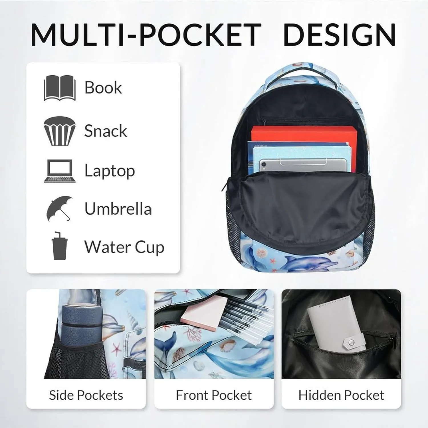 Mercuryelf School Backpack for Girls - Cute Dolphin Backpacks for Kids - Sea School Bag for Boys - 17 Inch Bookbag for School, Travel