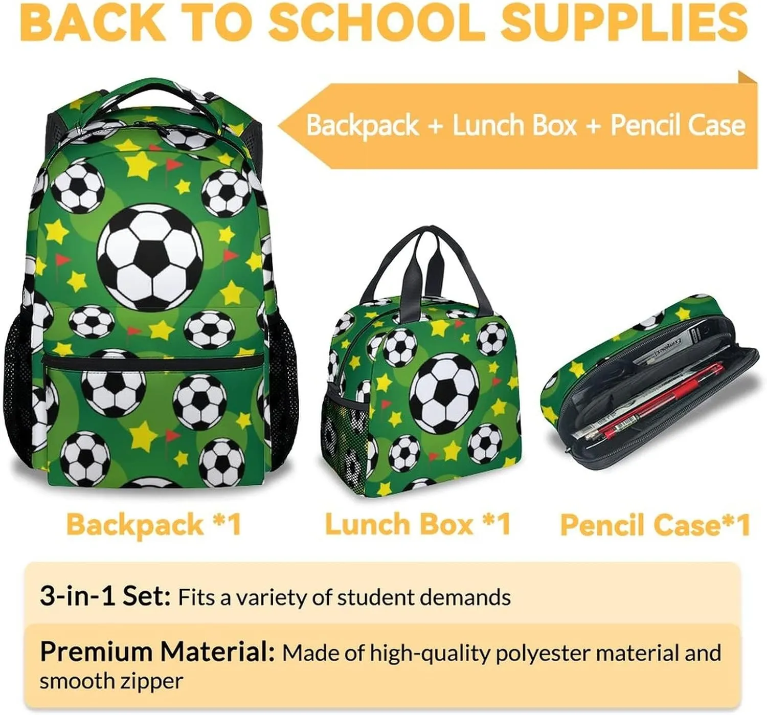Mercuryelf Soccer Boys Girls Backpack with Lunch Box Set, 3 in 1 School Travel Backpacks Matching Combo, Fashion Green Bookbag and Pencil Case Bundle