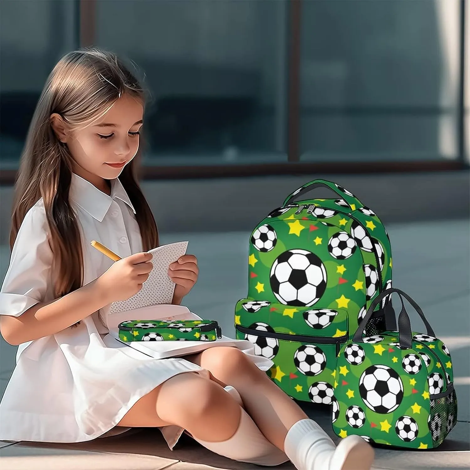 Mercuryelf Soccer Boys Girls Backpack with Lunch Box Set, 3 in 1 School Travel Backpacks Matching Combo, Fashion Green Bookbag and Pencil Case Bundle