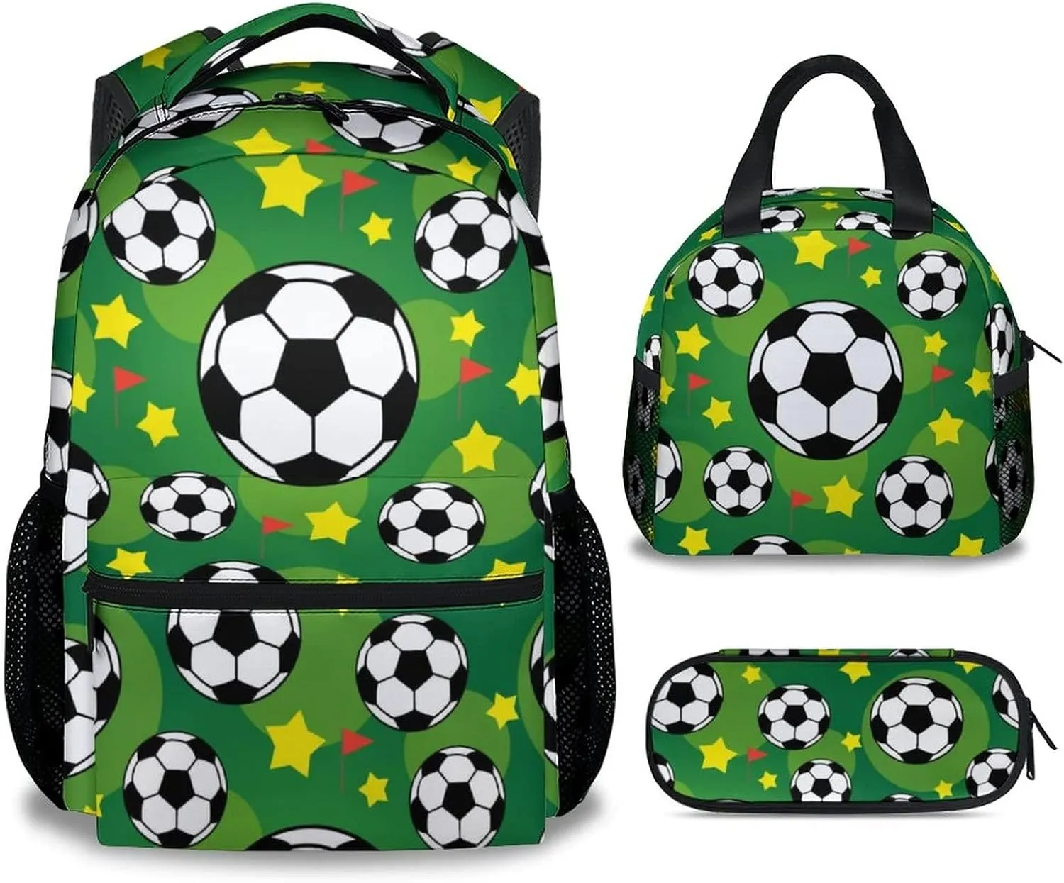 Mercuryelf Soccer Boys Girls Backpack with Lunch Box Set, 3 in 1 School Travel Backpacks Matching Combo, Fashion Green Bookbag and Pencil Case Bundle