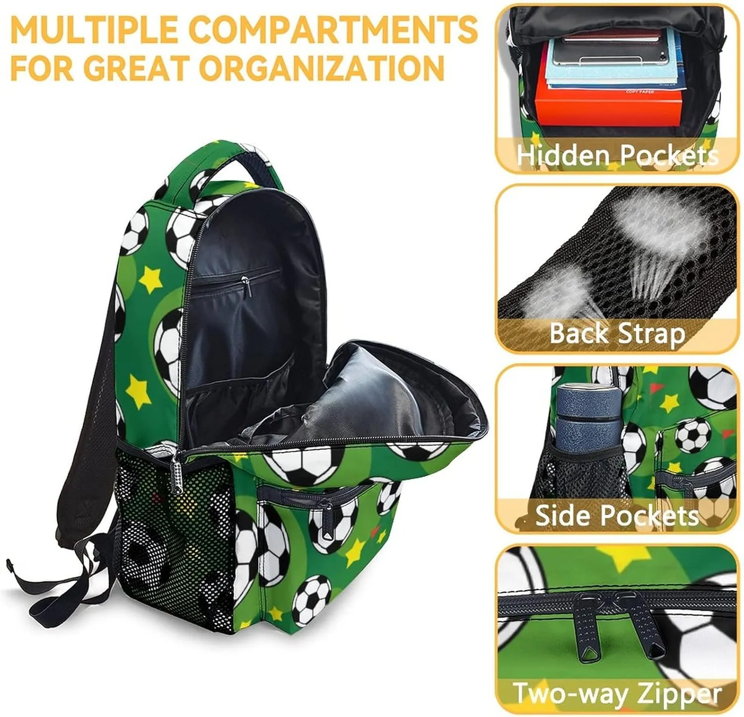 Mercuryelf Soccer Boys Girls Backpack with Lunch Box Set, 3 in 1 School Travel Backpacks Matching Combo, Fashion Green Bookbag and Pencil Case Bundle