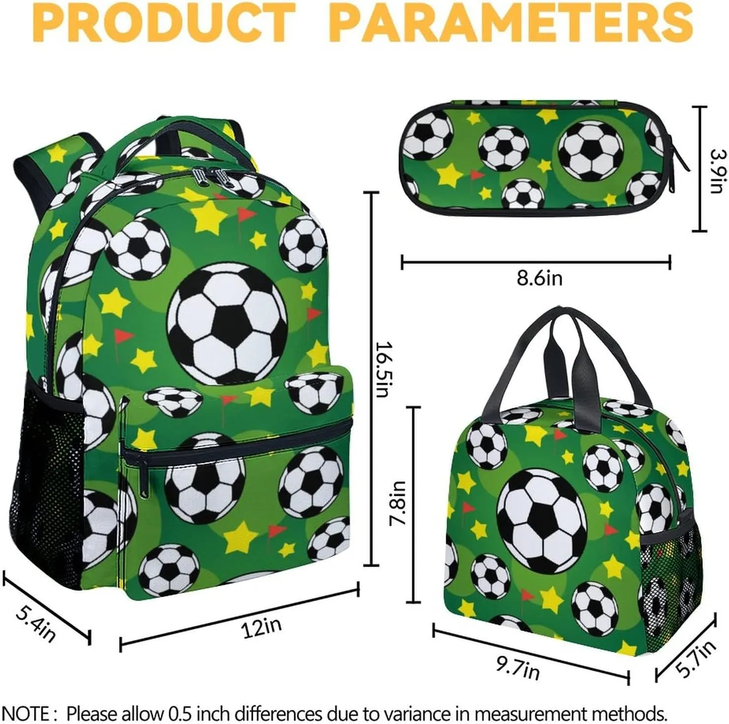 Mercuryelf Soccer Boys Girls Backpack with Lunch Box Set, 3 in 1 School Travel Backpacks Matching Combo, Fashion Green Bookbag and Pencil Case Bundle