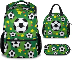 Mercuryelf Soccer Boys Girls Backpack with Lunch Box Set, 3 in 1 School Travel Backpacks Matching Combo, Fashion Green Bookbag and Pencil Case Bundle