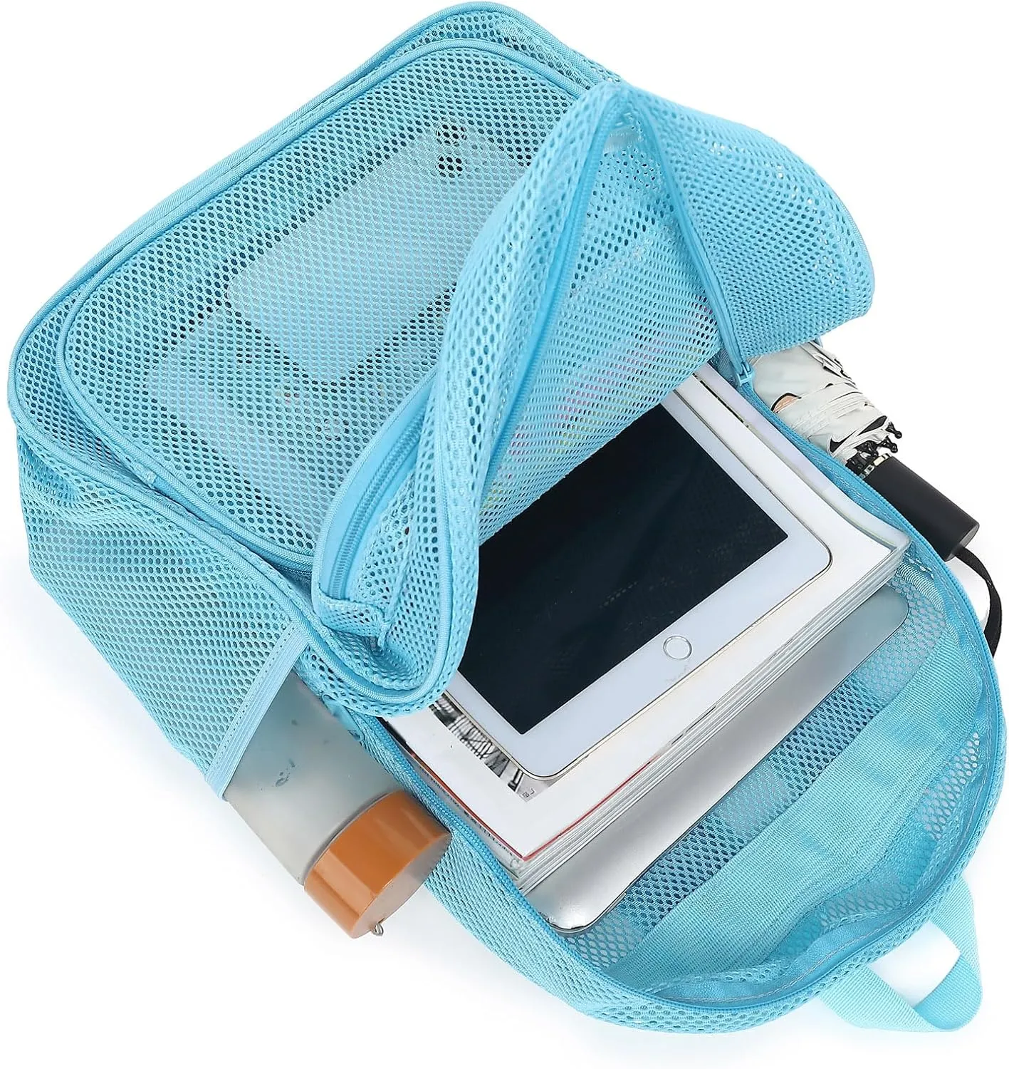 Mesh Backpack for School, Heavy Duty Girls Boys Mesh Bookbag School Bag for Adults Kids Swimming Beach Fitness Sport (Sky Blue)