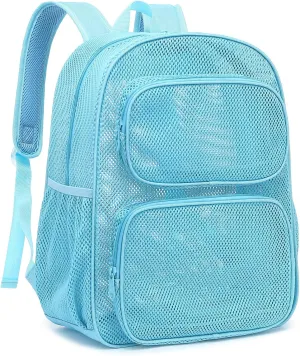 Mesh Backpack for School, Heavy Duty Girls Boys Mesh Bookbag School Bag for Adults Kids Swimming Beach Fitness Sport (Sky Blue)