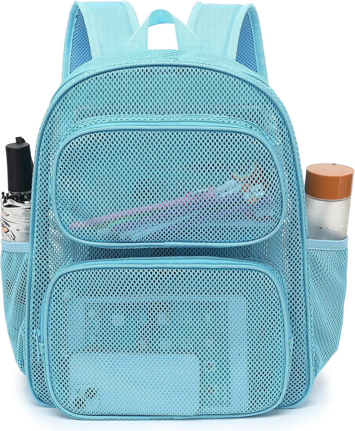 Mesh Backpack for School, Heavy Duty Girls Boys Mesh Bookbag School Bag for Adults Kids Swimming Beach Fitness Sport (Sky Blue)