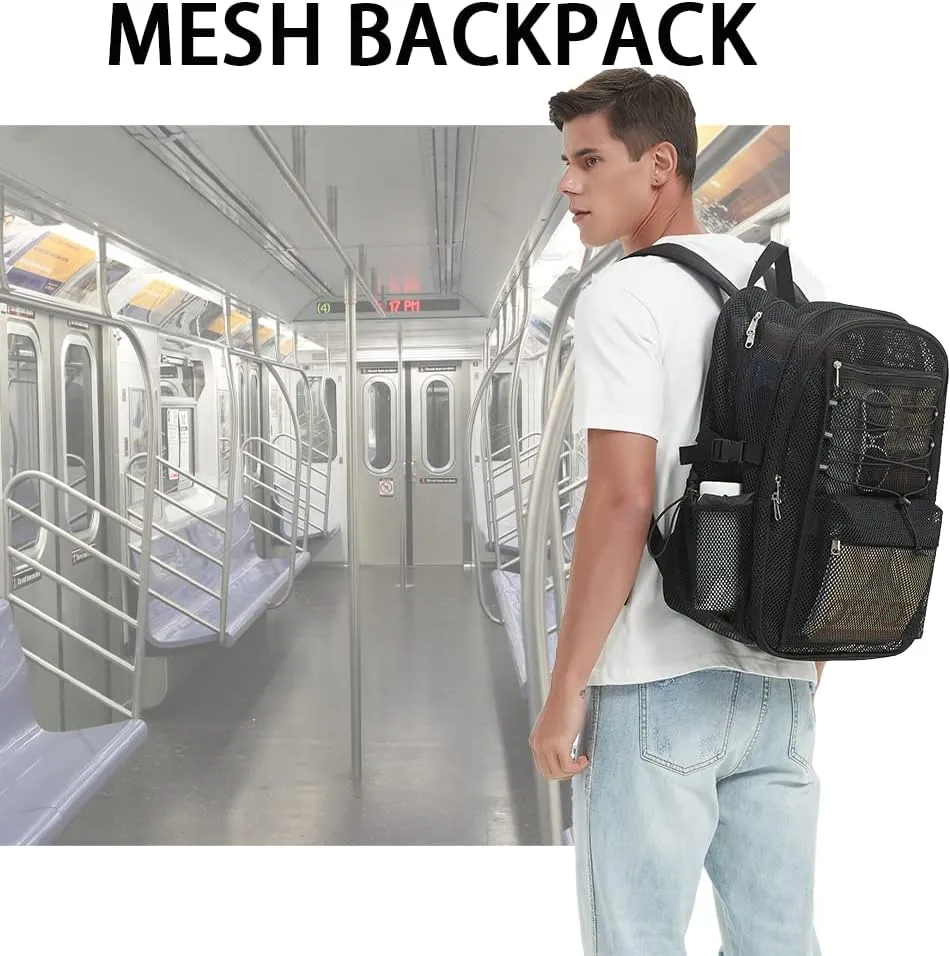 Mesh Backpack Heavy Duty for School, 30L Large Mesh Bookbag for Adults, See Through Black School Bag with Laptop Pocket for Work Swimming Beach Fitness Sport