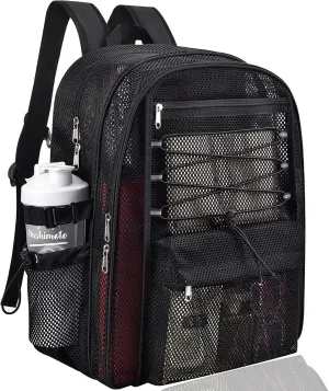 Mesh Backpack Heavy Duty for School, 30L Large Mesh Bookbag for Adults, See Through Black School Bag with Laptop Pocket for Work Swimming Beach Fitness Sport