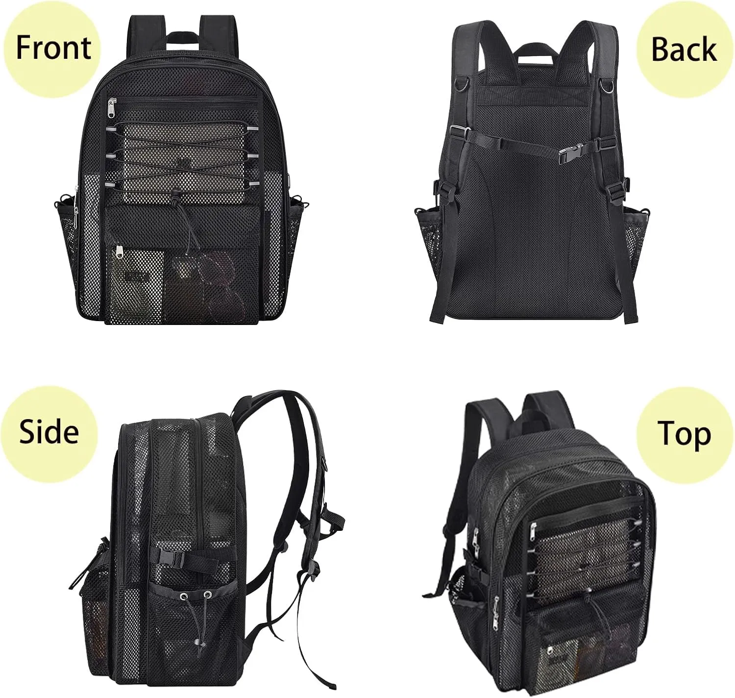 Mesh Backpack Heavy Duty for School, 30L Large Mesh Bookbag for Adults, See Through Black School Bag with Laptop Pocket for Work Swimming Beach Fitness Sport