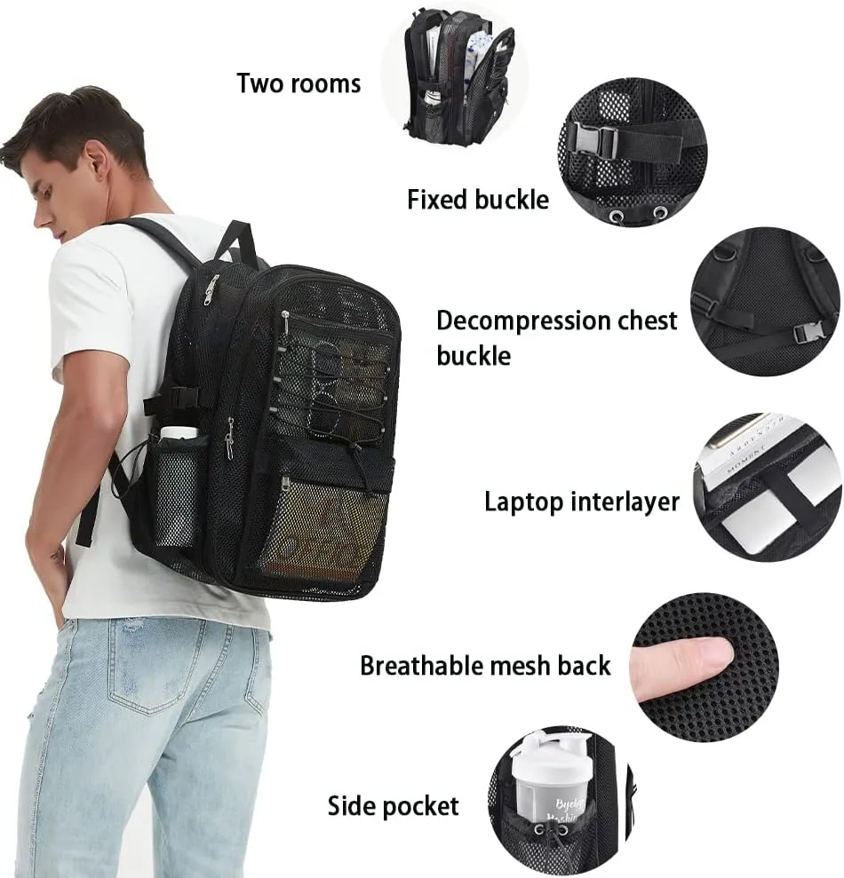 Mesh Backpack Heavy Duty for School, 30L Large Mesh Bookbag for Adults, See Through Black School Bag with Laptop Pocket for Work Swimming Beach Fitness Sport