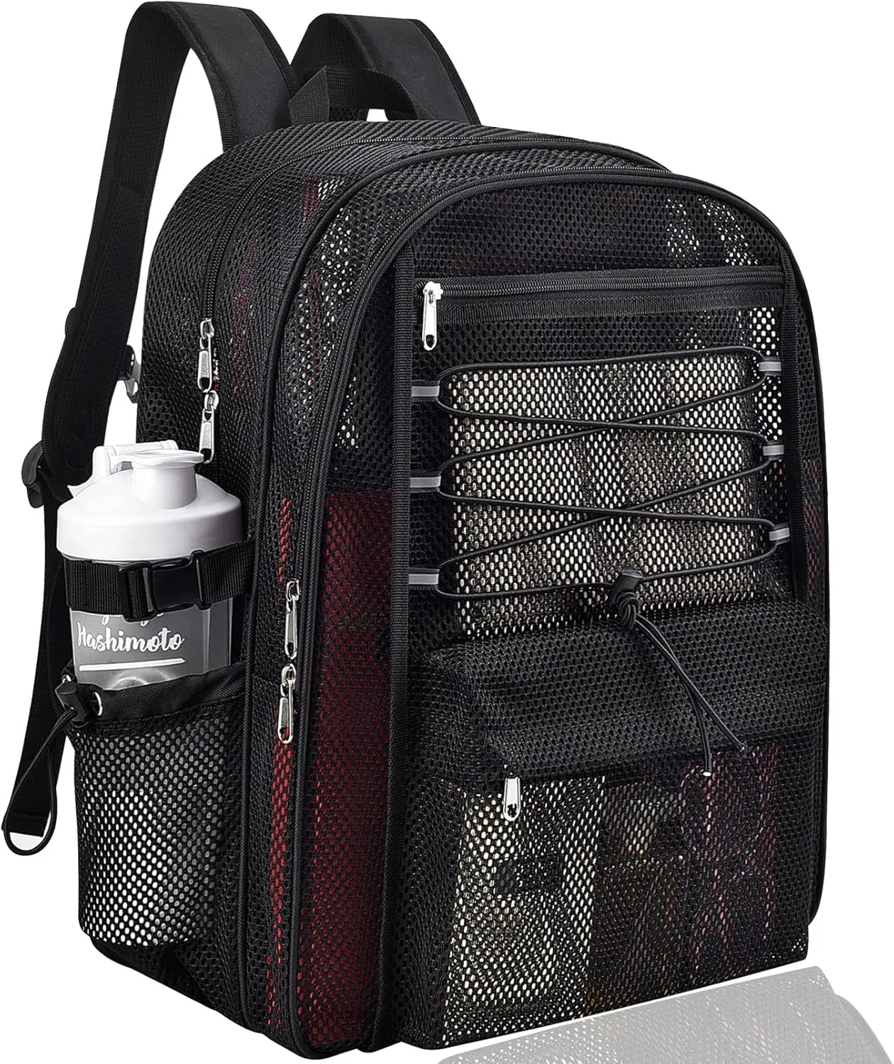 Mesh Backpack Heavy Duty for School, 30L Large Mesh Bookbag for Adults, See Through Black School Bag with Laptop Pocket for Work Swimming Beach Fitness Sport