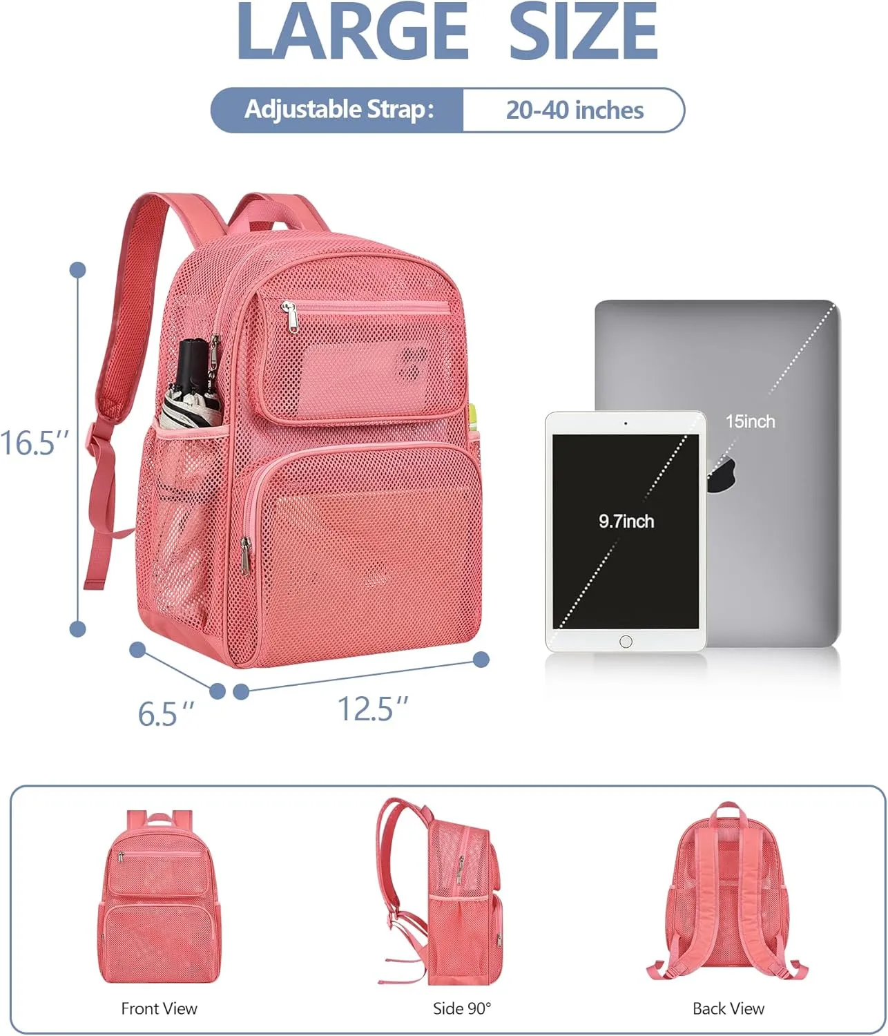 Mesh Backpack with Inner Compartment, Large Heavy Duty Mesh Bag with Padded Shoulder Straps for Travel Swimming Hiking Beach - Pink