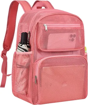 Mesh Backpack with Inner Compartment, Large Heavy Duty Mesh Bag with Padded Shoulder Straps for Travel Swimming Hiking Beach - Pink