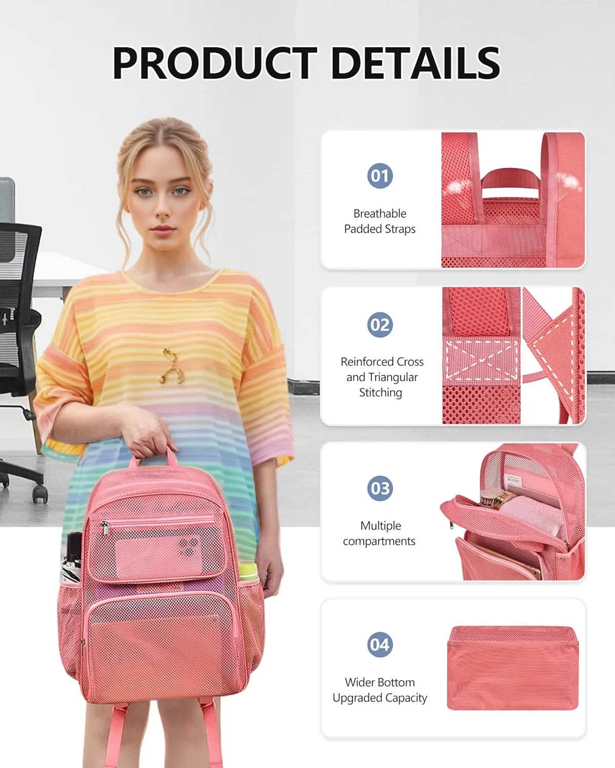Mesh Backpack with Inner Compartment, Large Heavy Duty Mesh Bag with Padded Shoulder Straps for Travel Swimming Hiking Beach - Pink