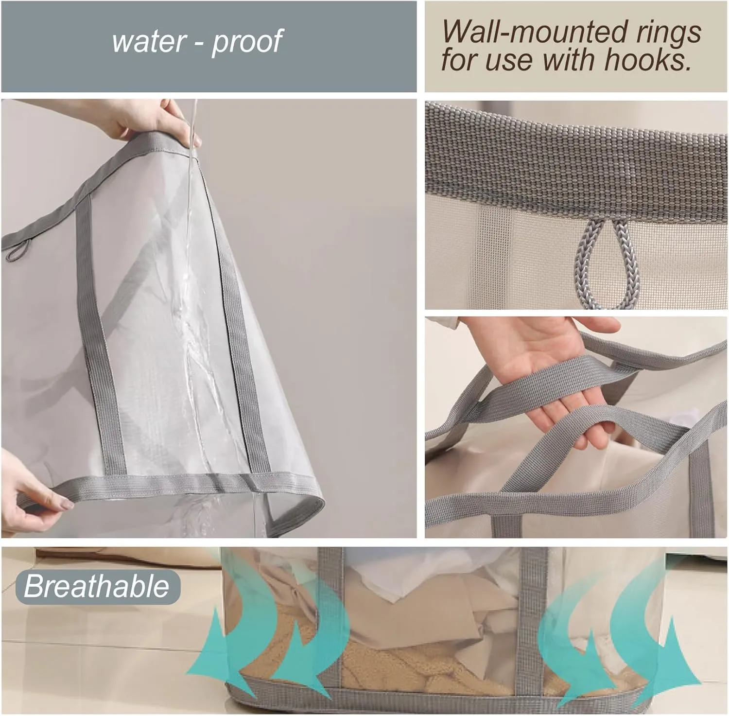 Mesh Bag with Handles, Collapsible Laundry Basket, Foldable Laundry Bag, Breathable Folding Beach Bag,Space-saving Travel Tote Bags (1, Grey)