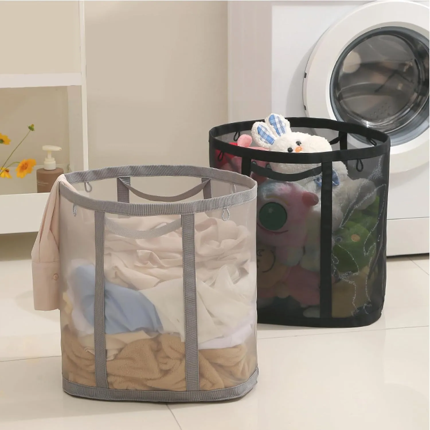 Mesh Bag with Handles, Collapsible Laundry Basket, Foldable Laundry Bag, Breathable Folding Beach Bag,Space-saving Travel Tote Bags (1, Grey)