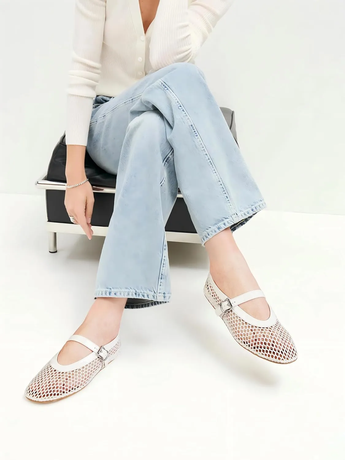 Mesh Ballet Flats for Women Ballerina Mesh Shoes Mary Jane Flats Sandals Fishnet Buckle Strap Round Toe Comfortable Casual Office Summer Dress
