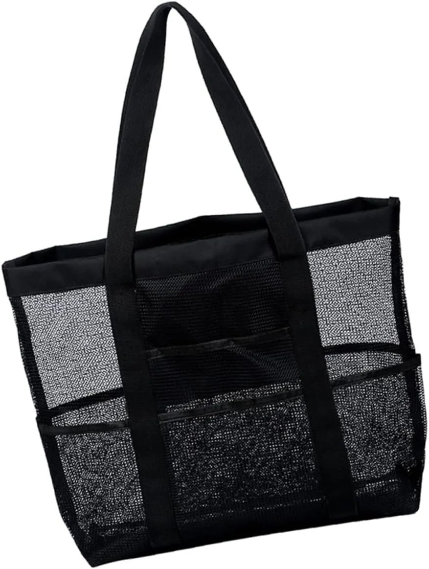 Mesh Beach Bag for Women Travel Tote Bag 8 Pockets Sturdy Compact Handbag for Beach Sports Toiletry Fashion Design