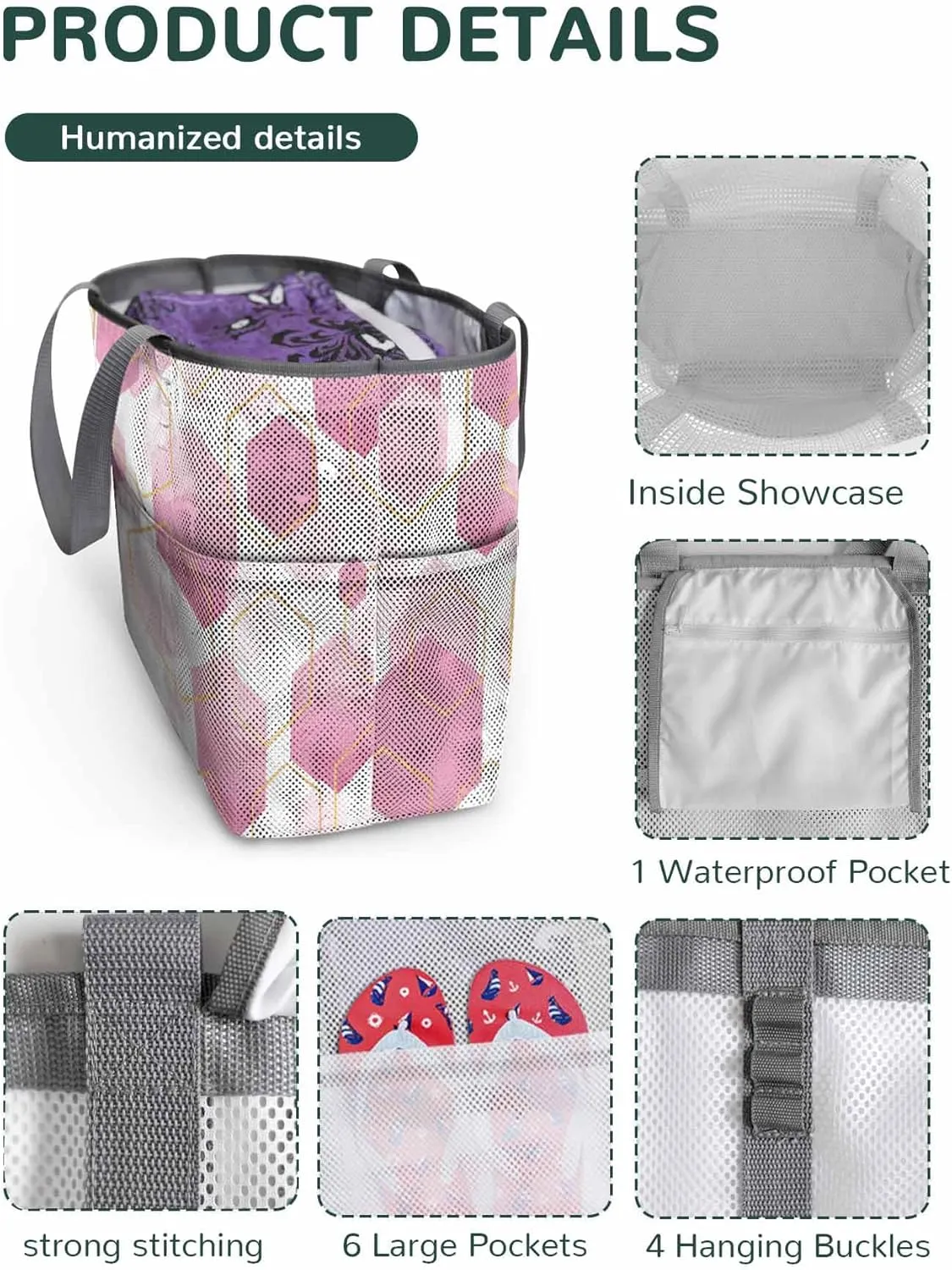 Mesh Beach Bag Oversized Tote Bags for Women Pink Gradient Grid Hexagon Large Travel Pool Bags with 8 Pockets