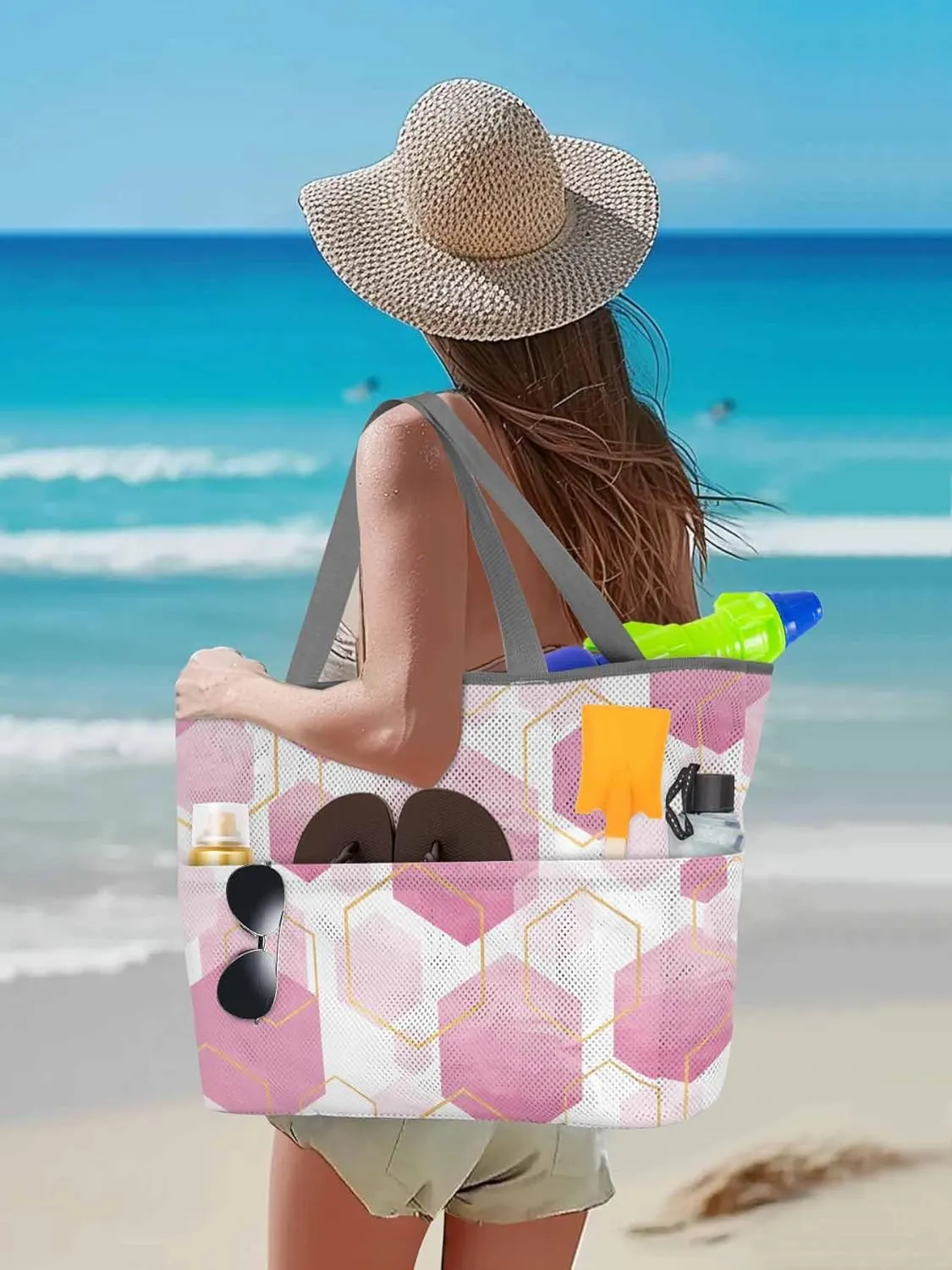 Mesh Beach Bag Oversized Tote Bags for Women Pink Gradient Grid Hexagon Large Travel Pool Bags with 8 Pockets