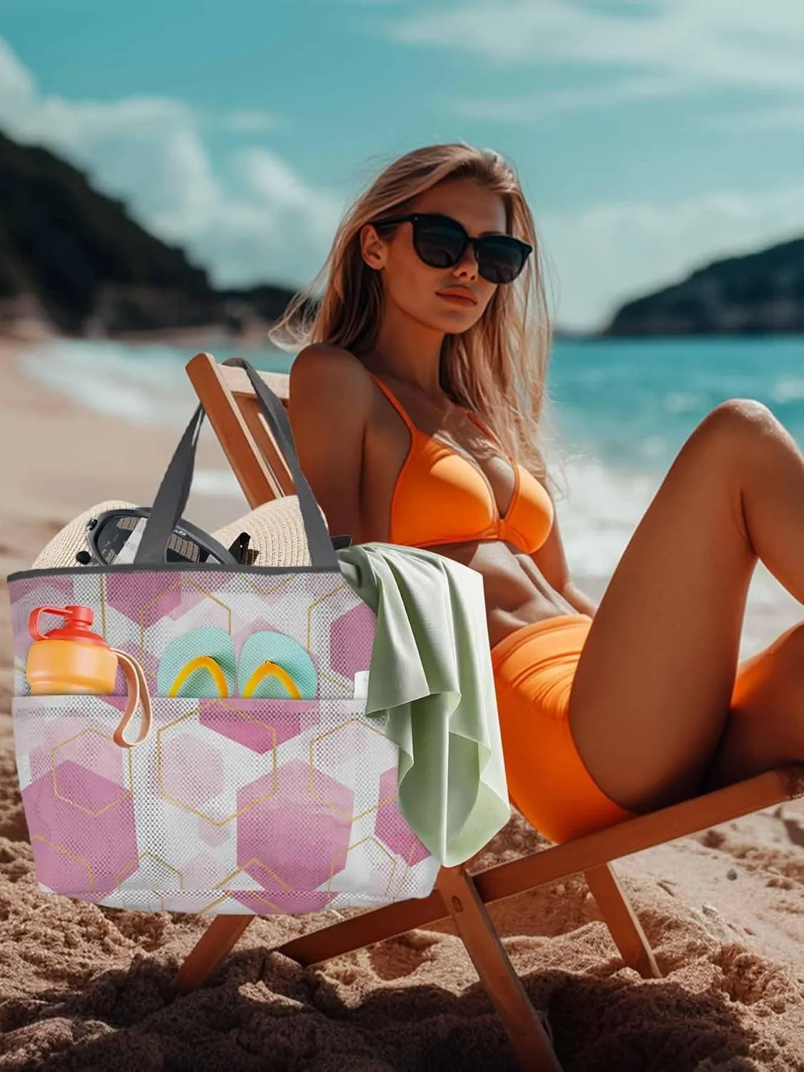 Mesh Beach Bag Oversized Tote Bags for Women Pink Gradient Grid Hexagon Large Travel Pool Bags with 8 Pockets