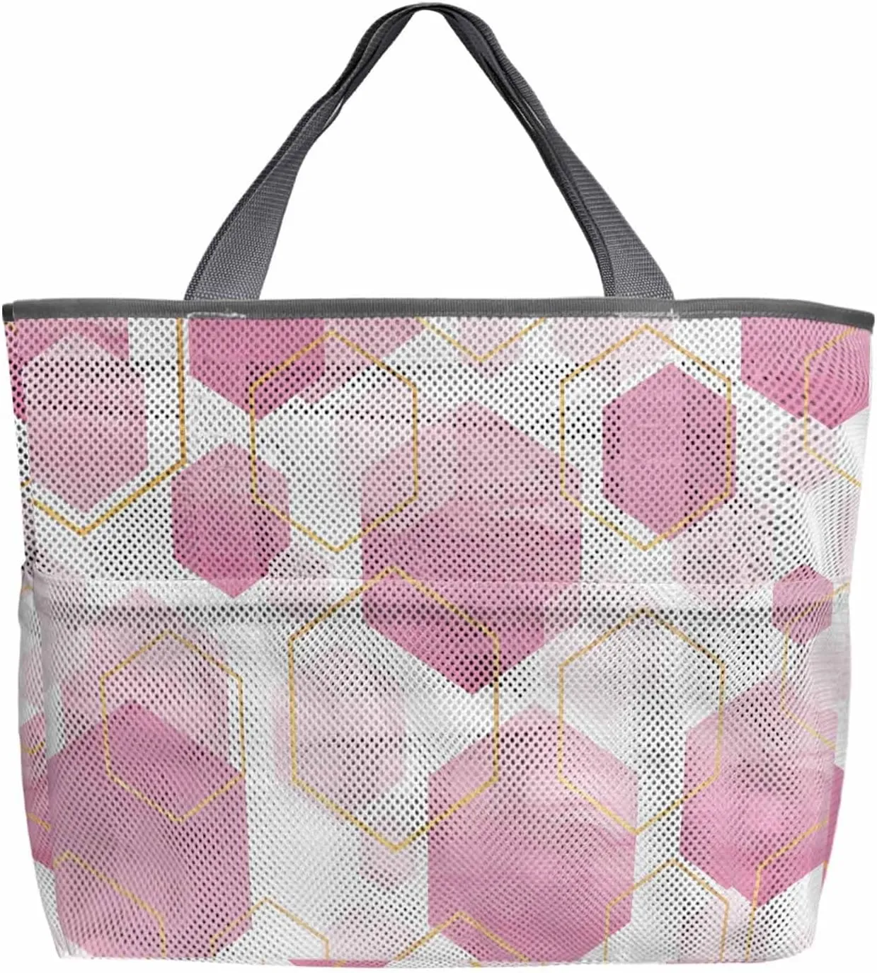 Mesh Beach Bag Oversized Tote Bags for Women Pink Gradient Grid Hexagon Large Travel Pool Bags with 8 Pockets