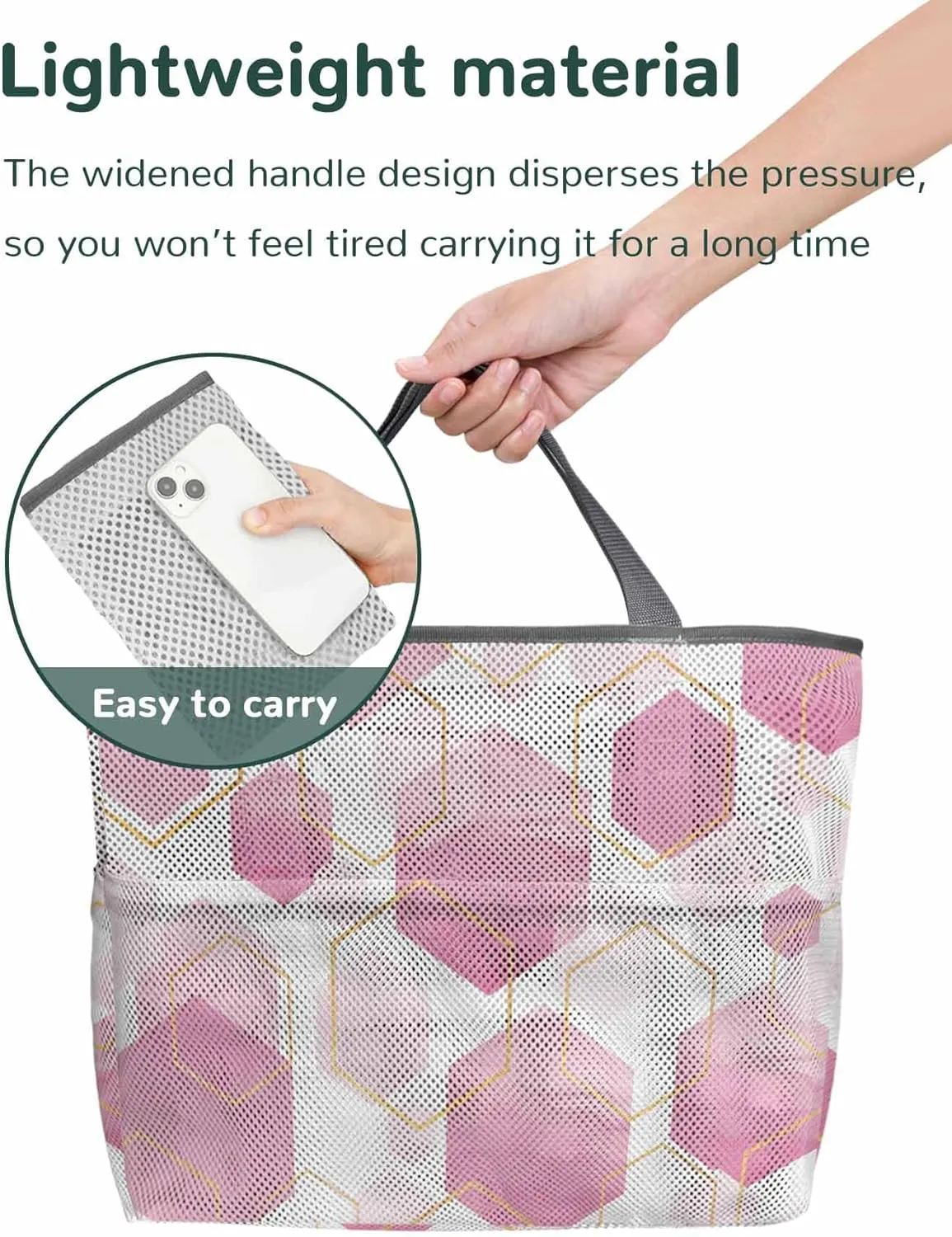 Mesh Beach Bag Oversized Tote Bags for Women Pink Gradient Grid Hexagon Large Travel Pool Bags with 8 Pockets