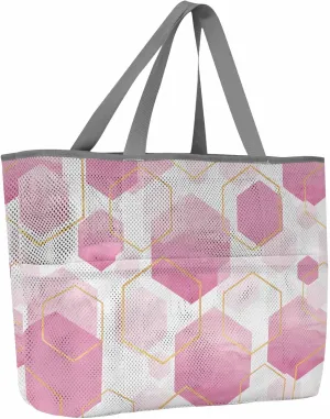 Mesh Beach Bag Oversized Tote Bags for Women Pink Gradient Grid Hexagon Large Travel Pool Bags with 8 Pockets