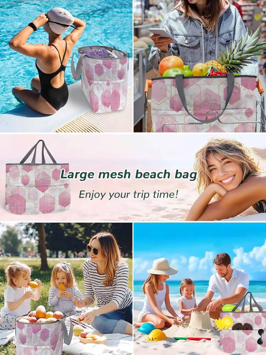 Mesh Beach Bag Oversized Tote Bags for Women Pink Gradient Grid Hexagon Large Travel Pool Bags with 8 Pockets